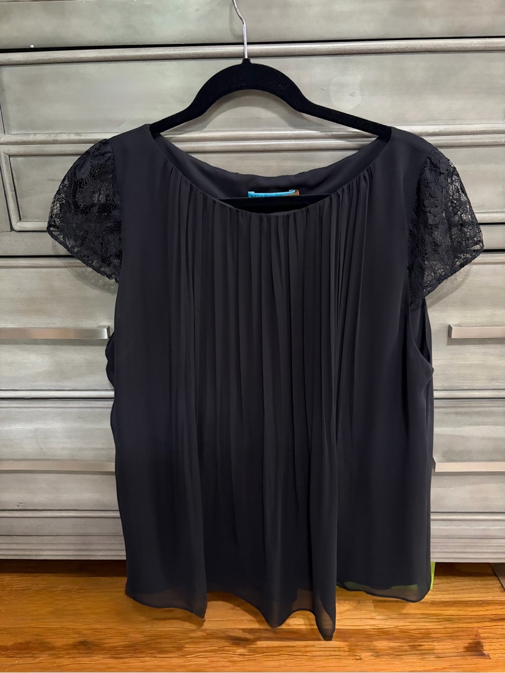 Alice + Olivia Black Lace Sleeve Pleated Blouse